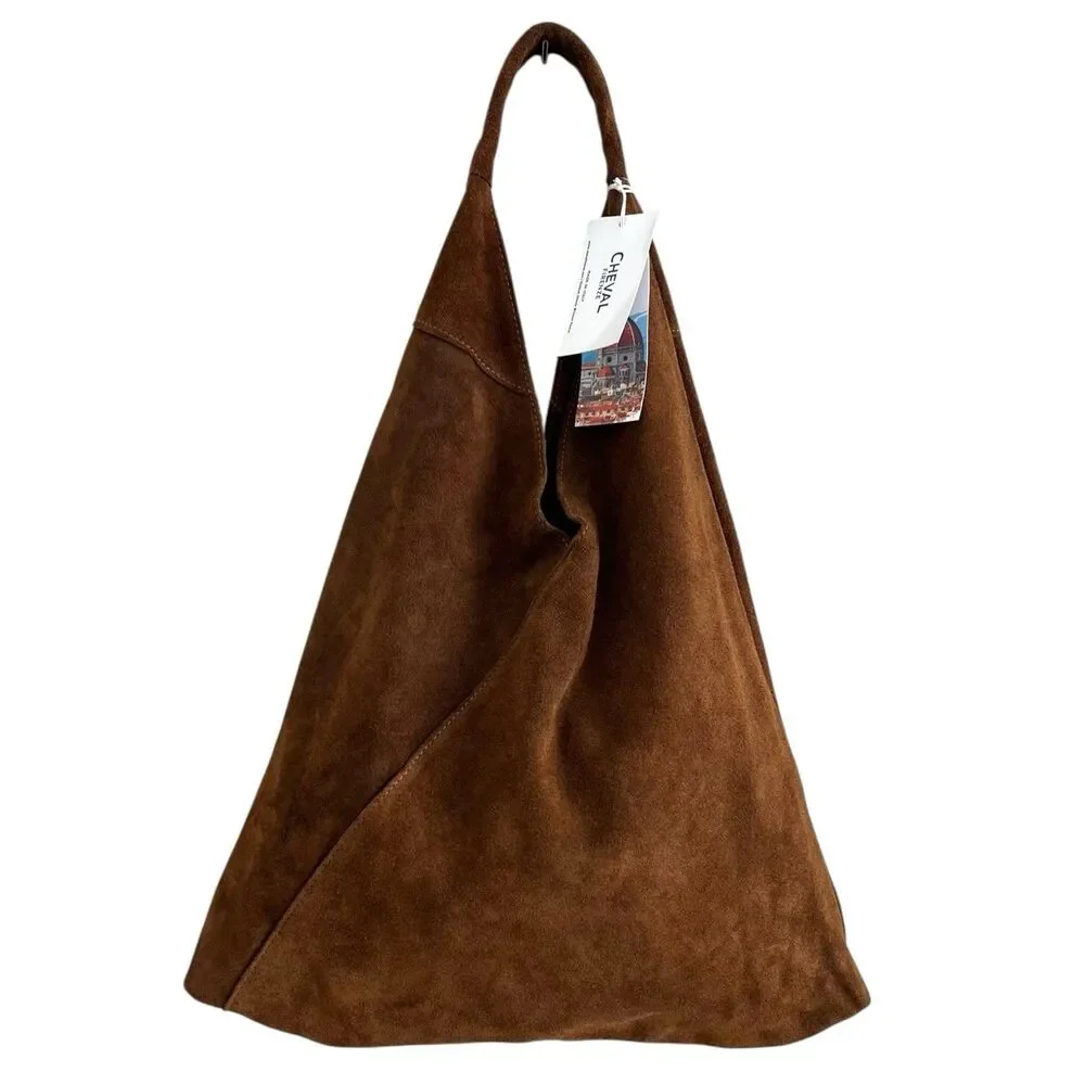 Cheval Italy Suede Leather Hobo Shoulder Bag Brown Oversized Tote Boho Hippie - Picture 3 of 14